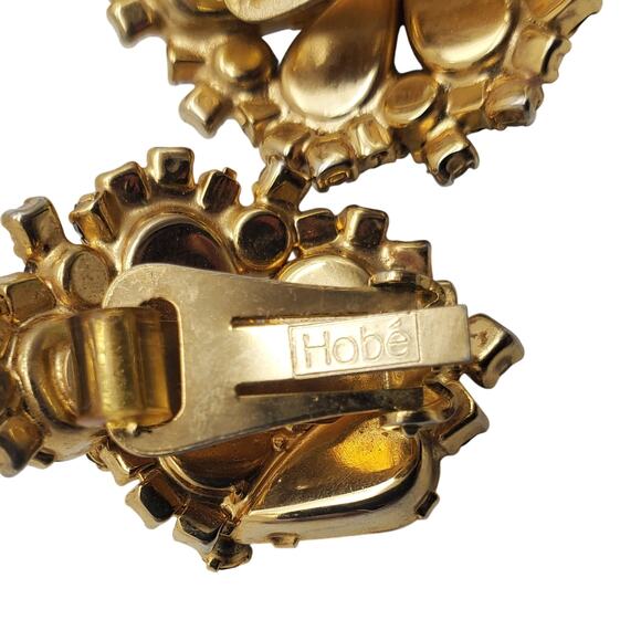 Hobe Earrings Vintage Clip On Rhinestone AB Green Amber Signed Statement Vintage - Picture 6 of 10